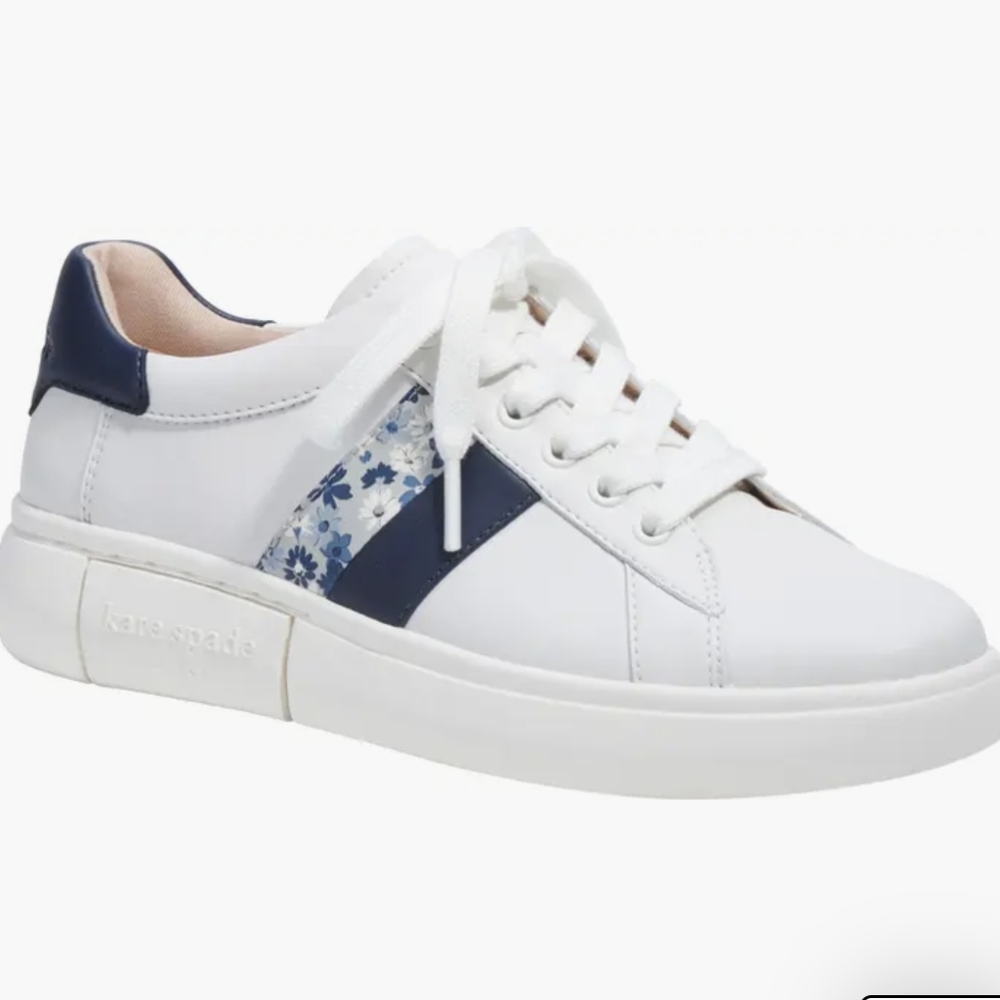 Kate Spade New York Keswick 2‎ White Leather Sneaker With Blue Floral Size 9B